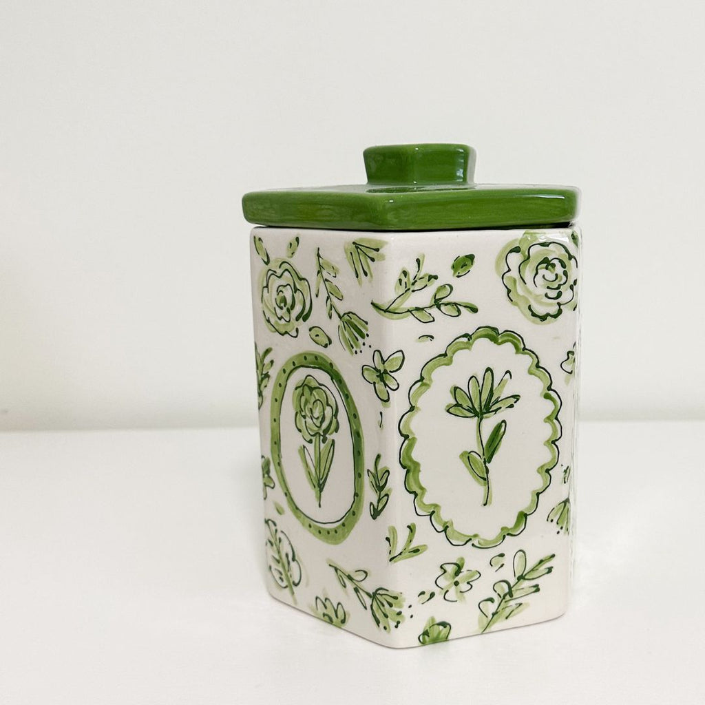 Green and White Floral Hexagon Jar