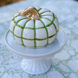 Green and White Windowpane Plaid Squatty Ceramic Pumpkin