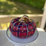 Red, Navy & White Plaid Squatty Ceramic Pumpkin