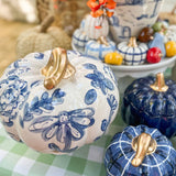 XXL Nantucket Blue Floral Ceramic Pumpkin