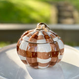 Dark Brown Gingham Plaid Small Ceramic Pumpkin Jar