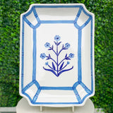 Home On Fern Hill Blue and White Bamboo Floral Rectangle Platter