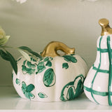 Squatty Green and White Modern Floral Ceramic Pumpkin
