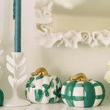 Squatty Green and White Plaid Ceramic Pumpkin