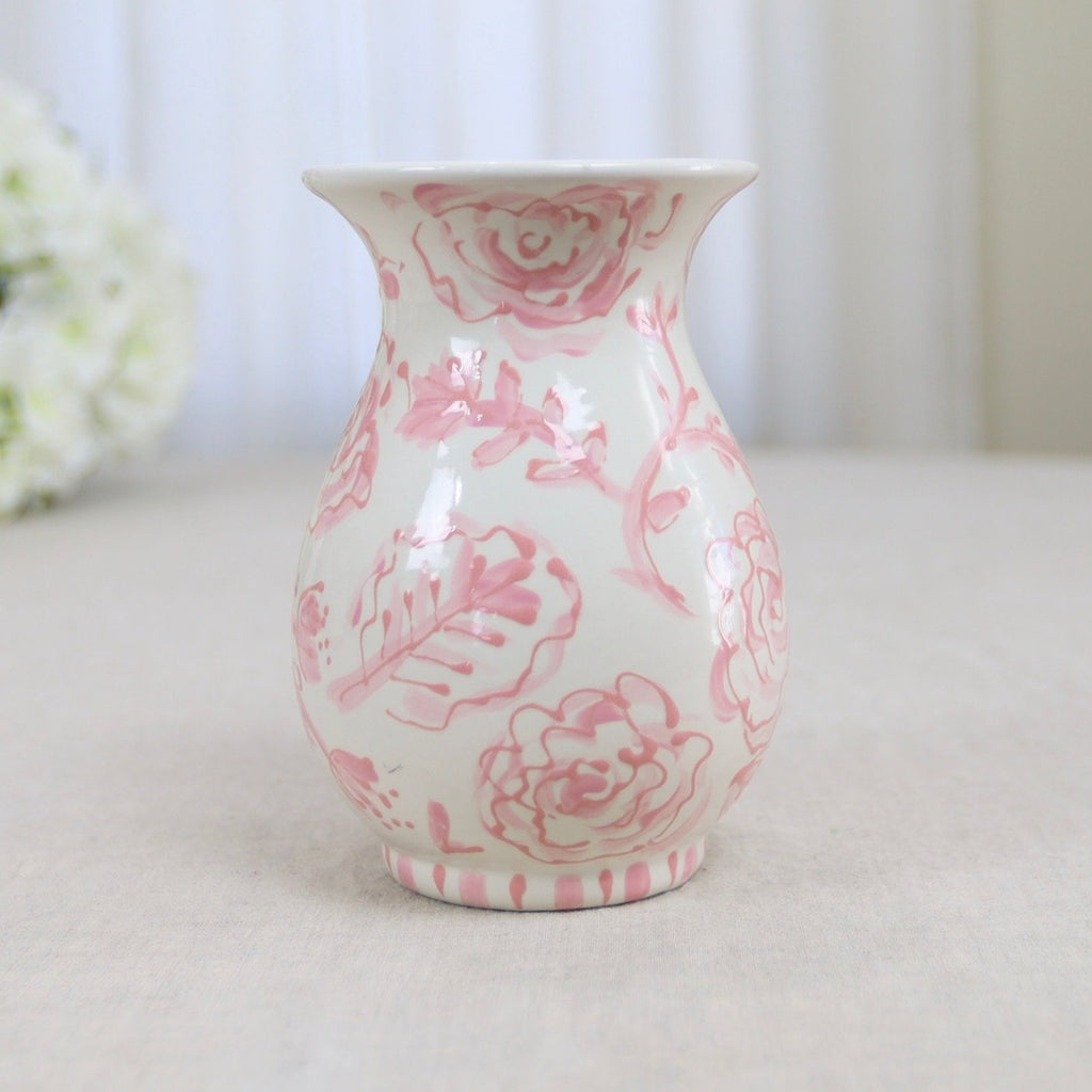 Pink and White Floral and Leaf Pattern Vase