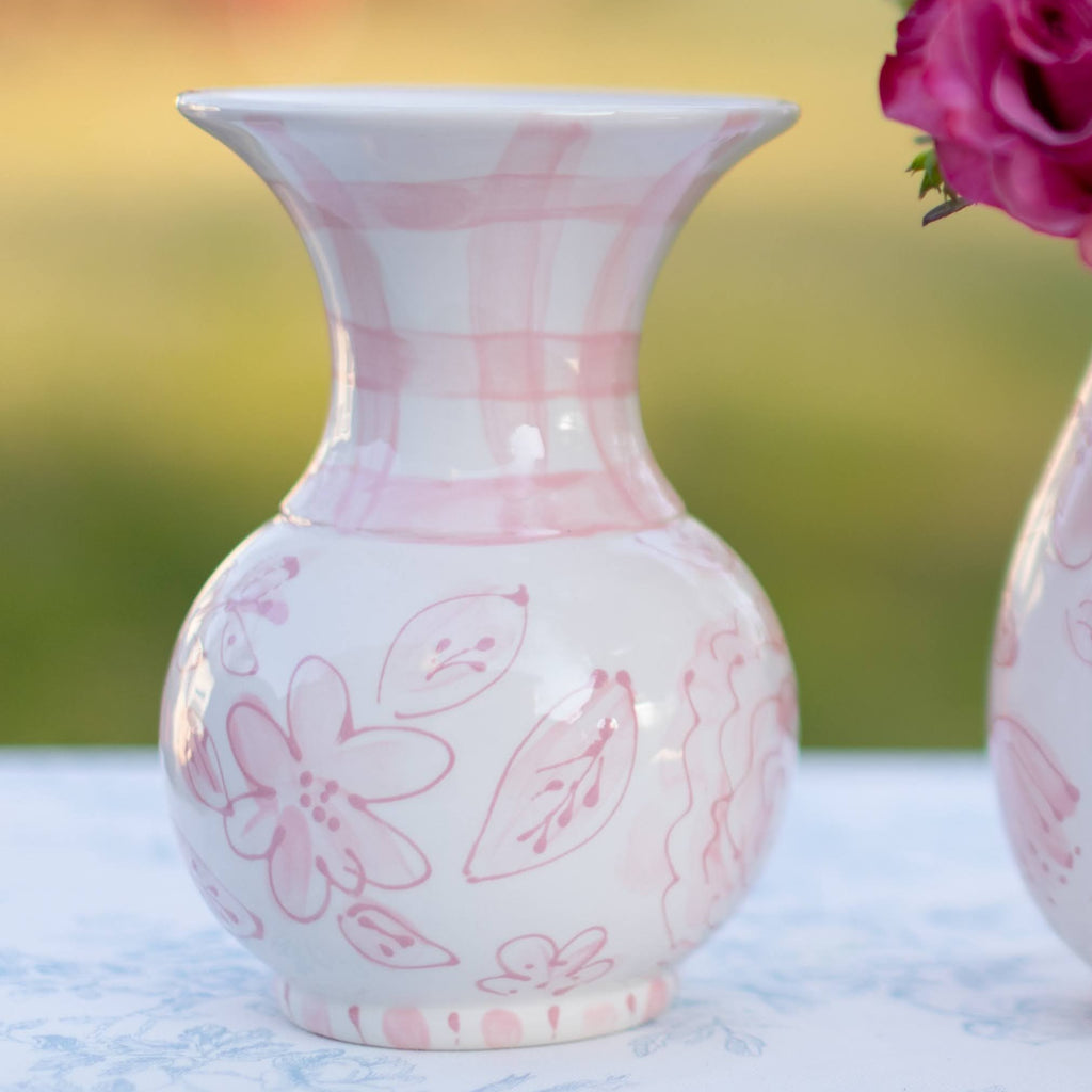 Pink And White Gingham and Floral Vase