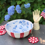 Red, White and Blue Floral Bowl With Red Stripes