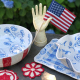 Red, White and Blue Floral Bowl With Red Stripes