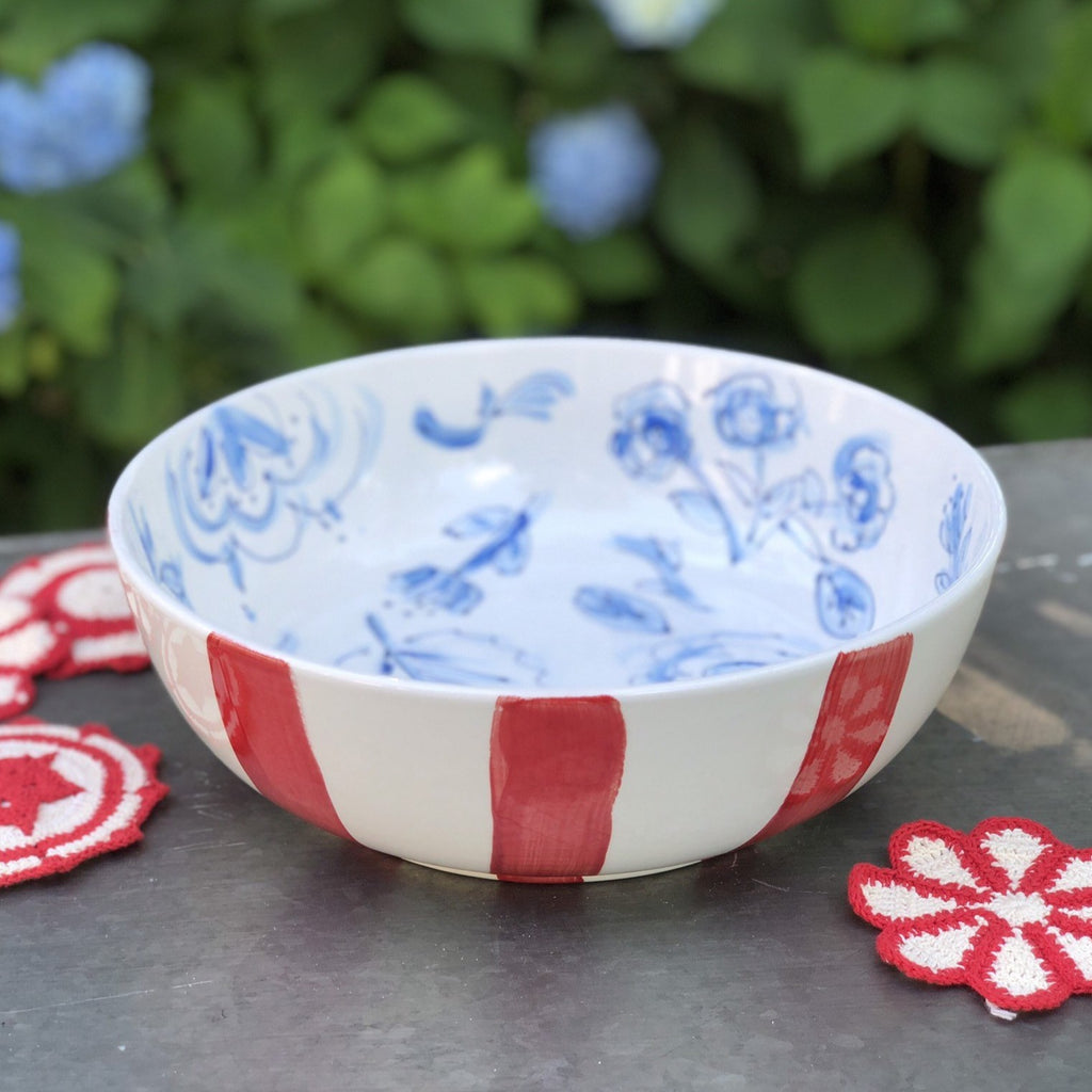Red Blue and White Chinoiserie Floral Bowl