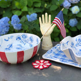 Red, White and Blue Floral Bowl With Red Stripes