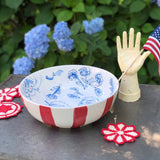 Red, White and Blue Floral Bowl With Red Stripes