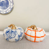 Orange Gingham Hand Painted Squatty Ceramic Pumpkin