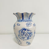 8" Blue and White Floral Pattern Ruffle Vase