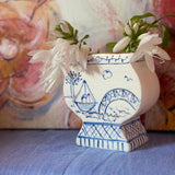 Flat Pedestal Vase - Blue and White Chinoiserie With Gold Accents