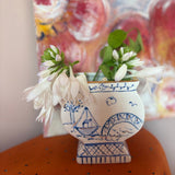 Flat Pedestal Vase - Blue and White Chinoiserie With Gold Accents