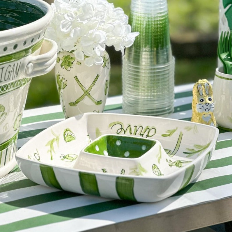 Golf-themed-Chip-Dip-Platter with green stripes