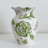 8" Green and White Floral Ruffle Vase