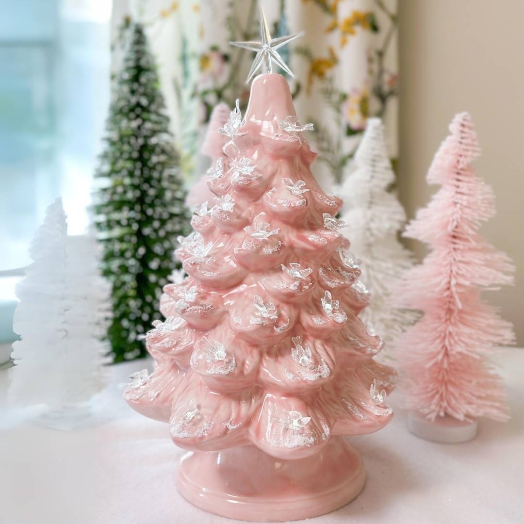 13" Vintage Pink Ceramic Christmas Tree With White Lights