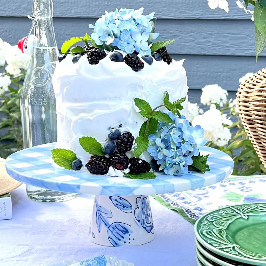 Blue and white gingham and floral cake stand