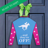 Blue "And They're Off!" Jockey Silk Door Hanger