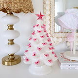 13" White and Pink Bow Light Ceramic Christmas Tree