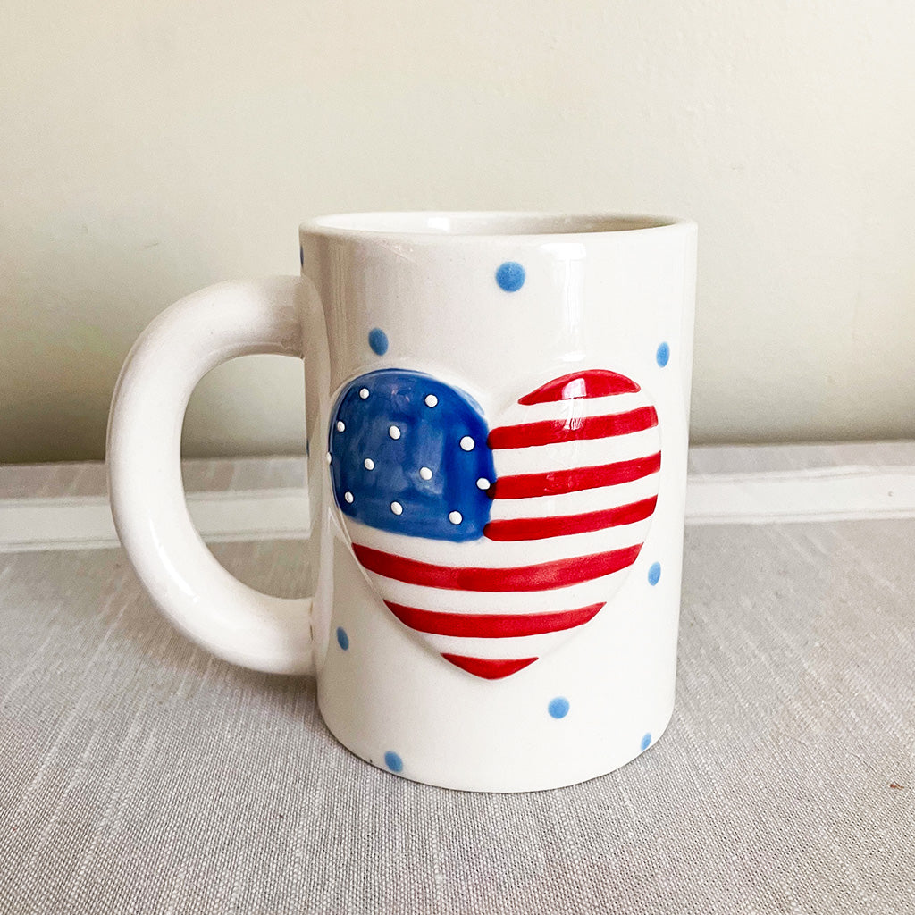 American Flag within a heart hand painted mug with blue polka dots