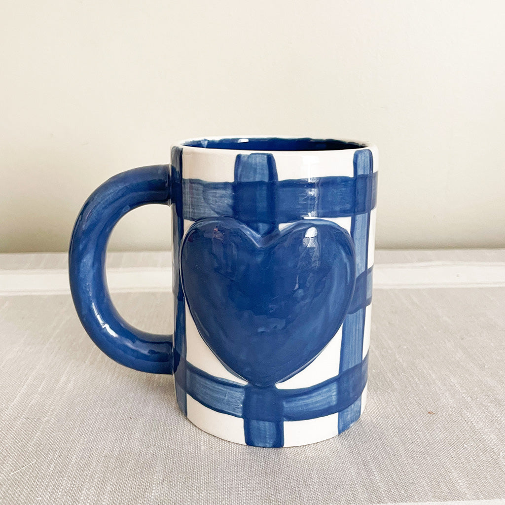 Navy Blue Gingham Mug with a navy blue heart