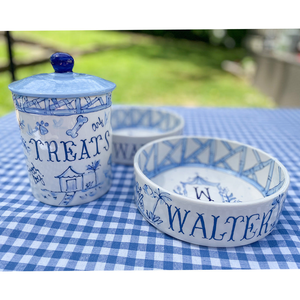 Chinoiserie Dog Treat Jar with matching dog bowl