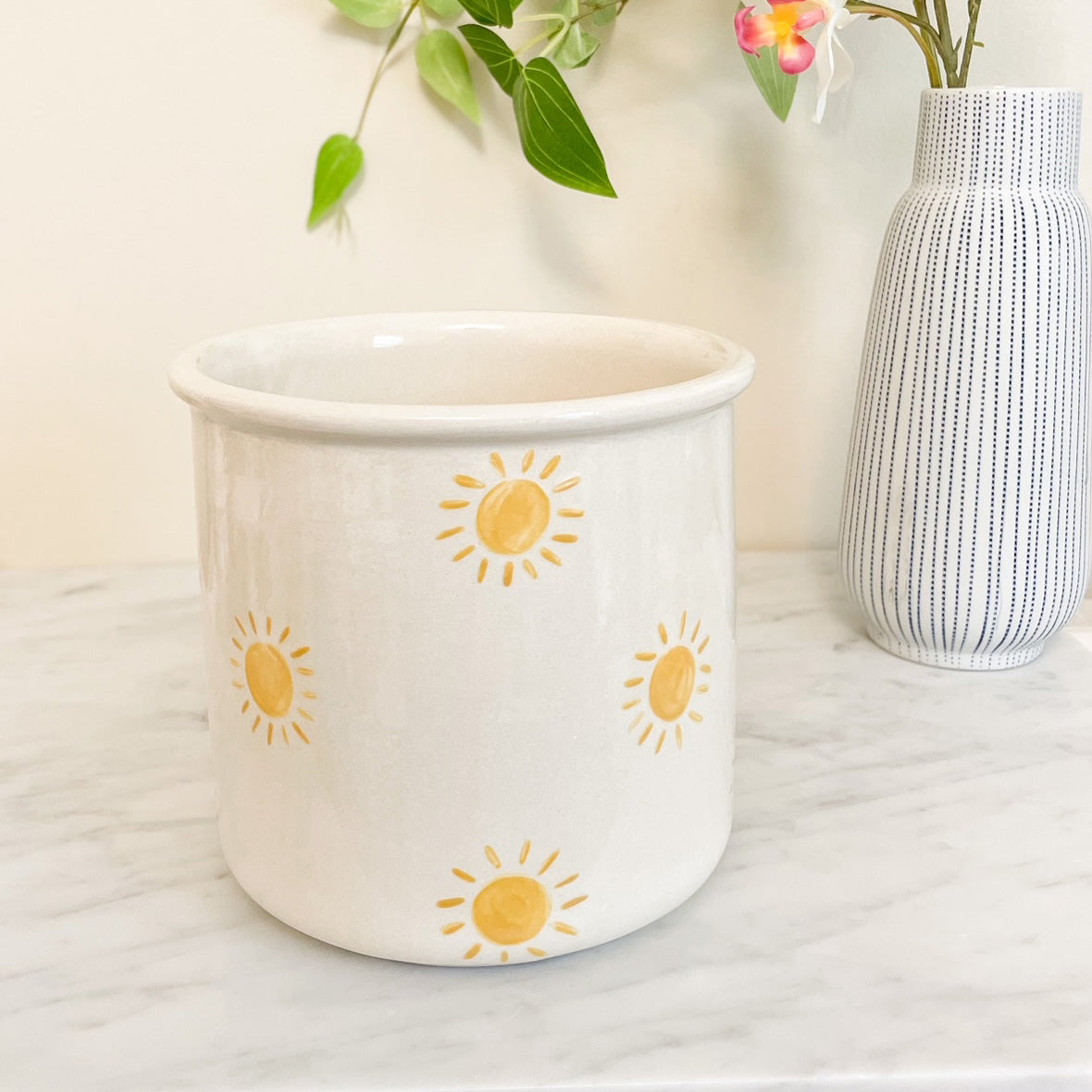 Crock Utensil Holder, White with Sun Pattern