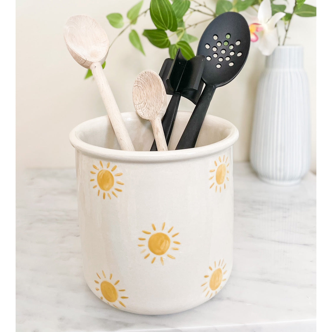 Crock Utensil Holder, White With Yellow Sun Pattern