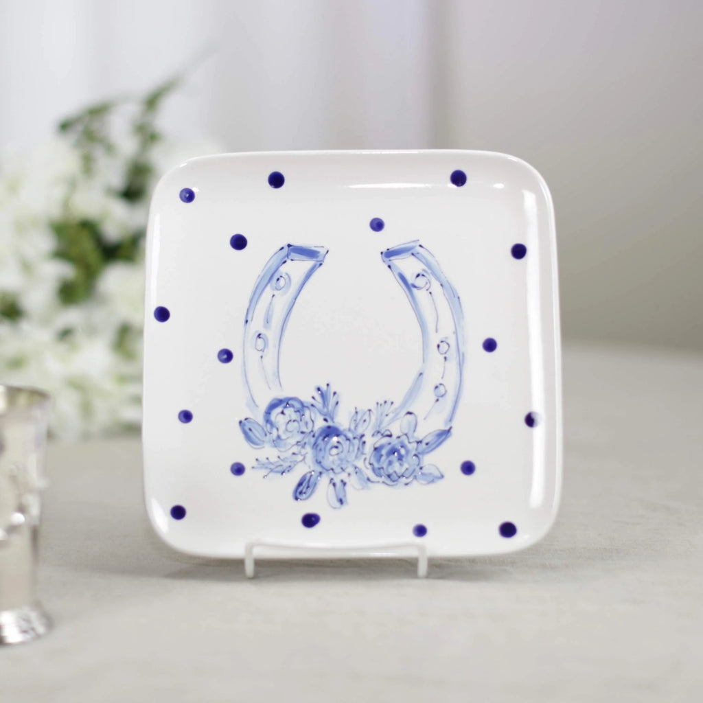 Delft Blue Kentucky Derby Horseshoe Plate with Polka Dots