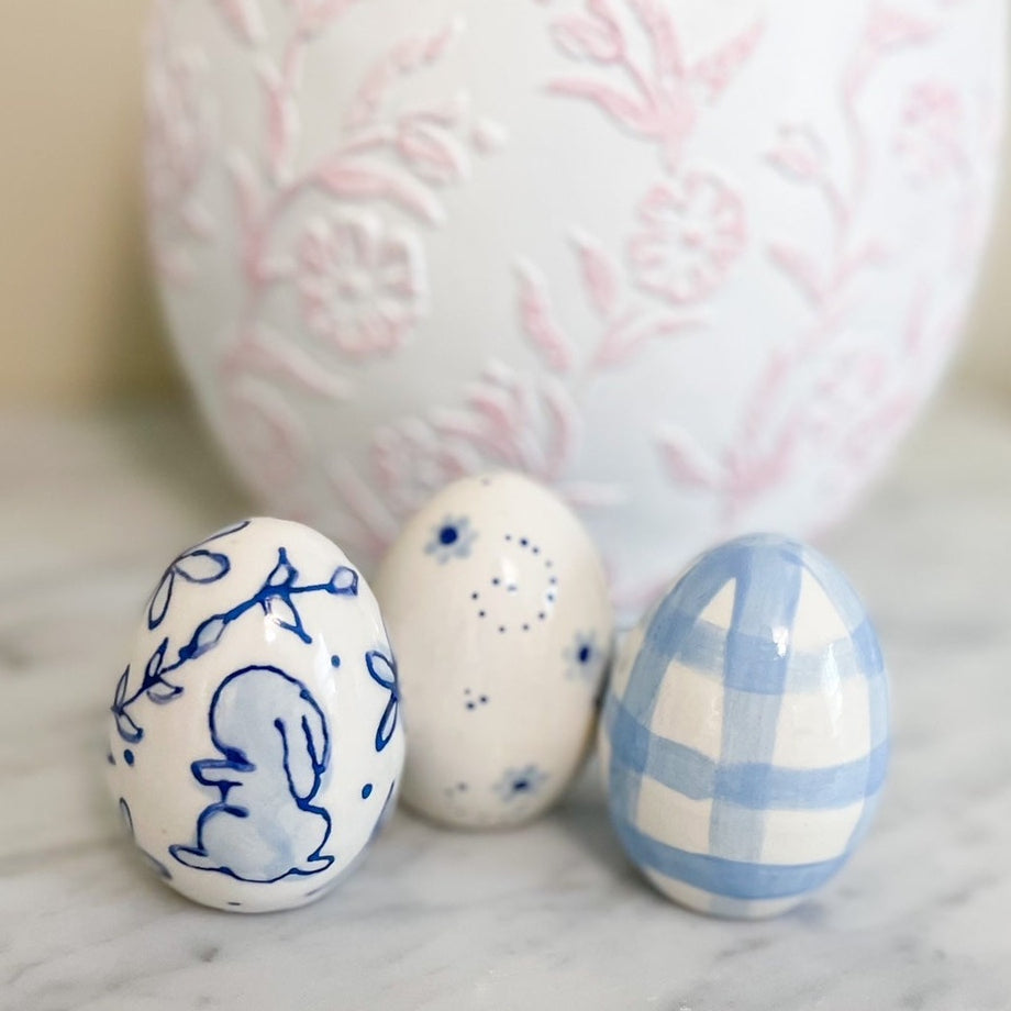 Wooden Eggs, blue bowl of three, floral design - Ancient Faith Store