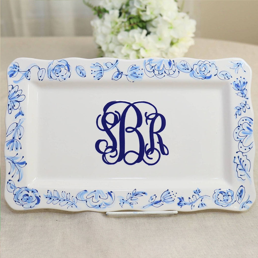 Monogram rectangular ruffle platter with a blue and white floral border