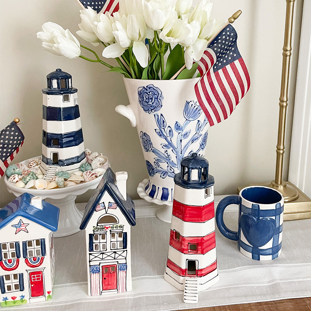 Red White and Blue Striped Ceramic Lantern Styled with other pieces in the Red White and Blue Collection
