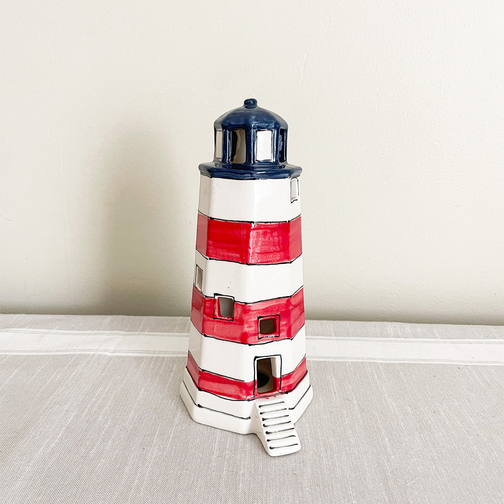 Red White and Blue striped ceramic lighthouse lantern