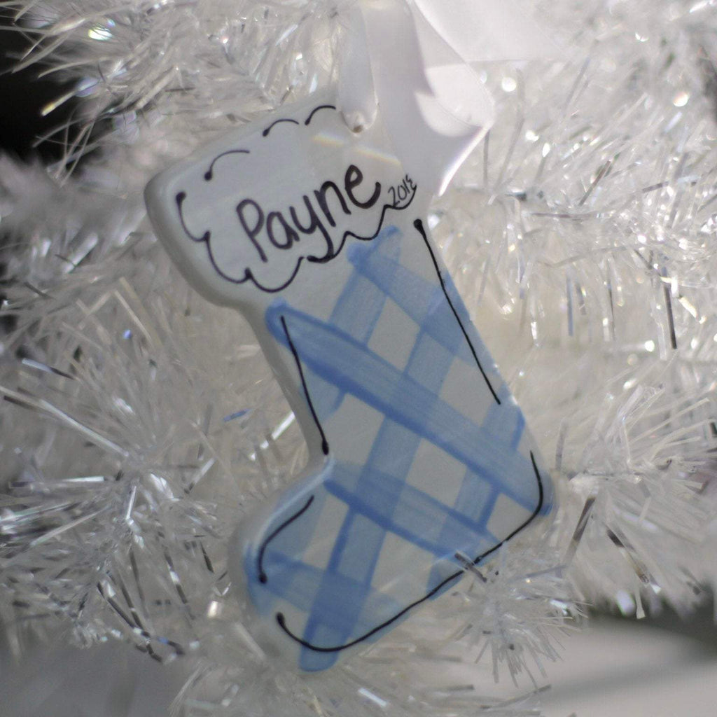 Personalized Blue Plaid Christmas Stocking Ornament