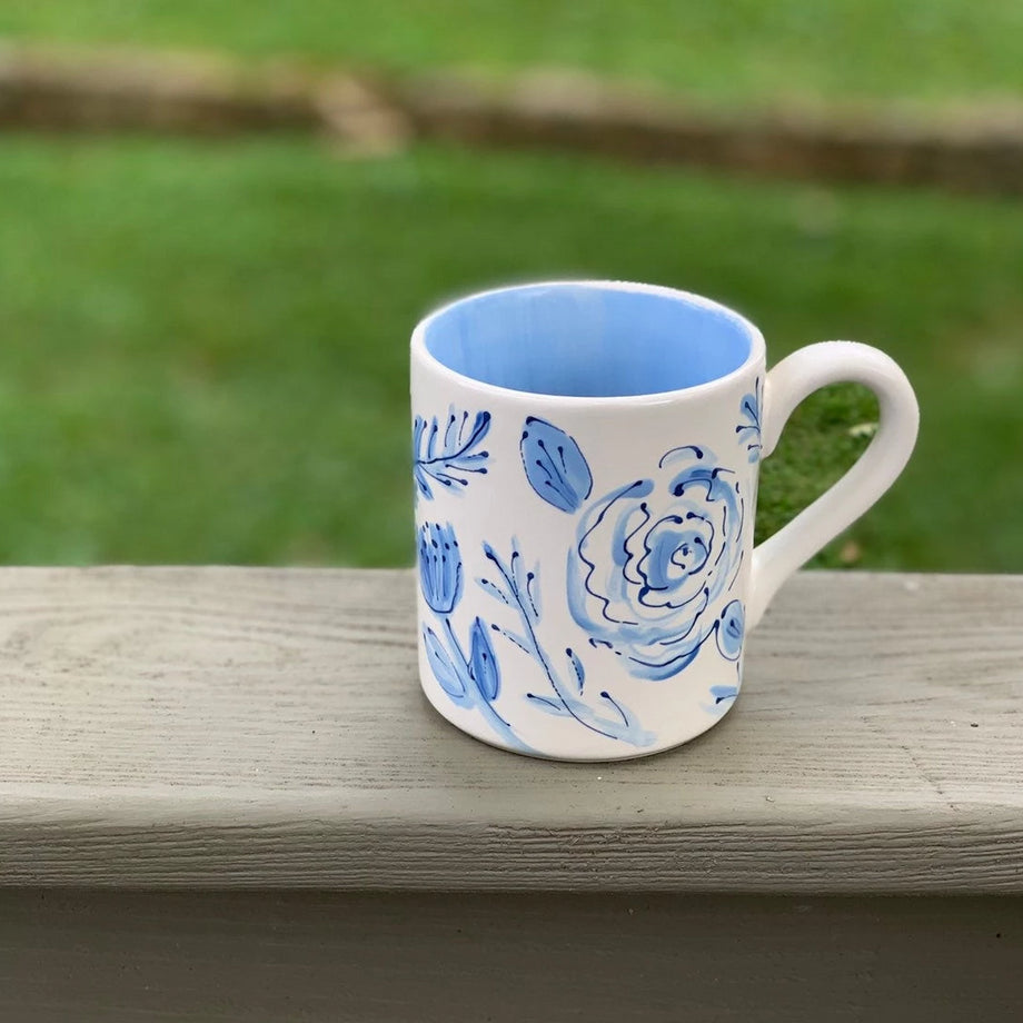 Blue and White China Travel Coffee Mug Insulated Hand Painted Porcelai -  Artistic Romantic