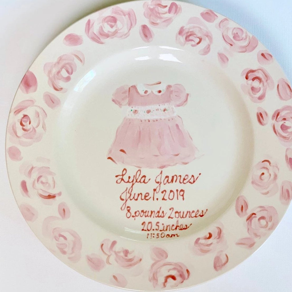 Personalized birth announcement plate - Baby Girl Pink Dress