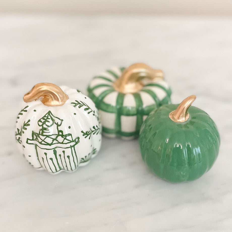 Set of 3 Green and White Mini Ceramic Pumpkins