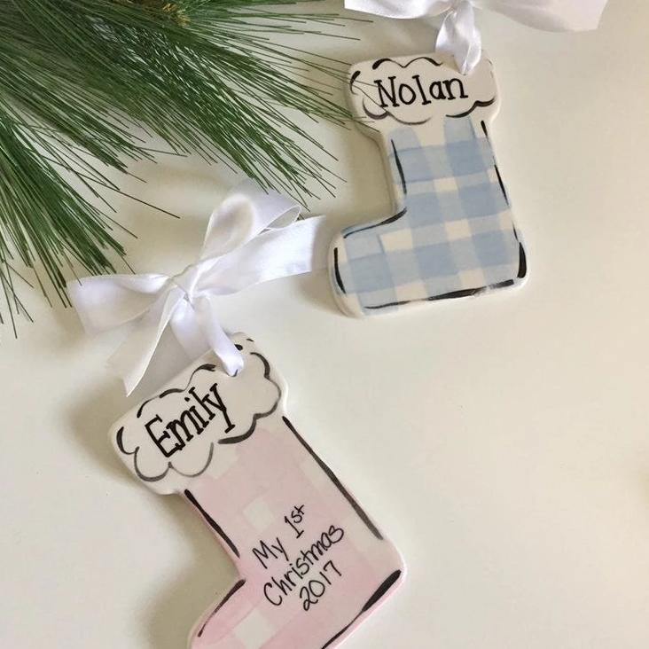 Personalized Blue and Pink Plaid Christmas Stocking Ornament